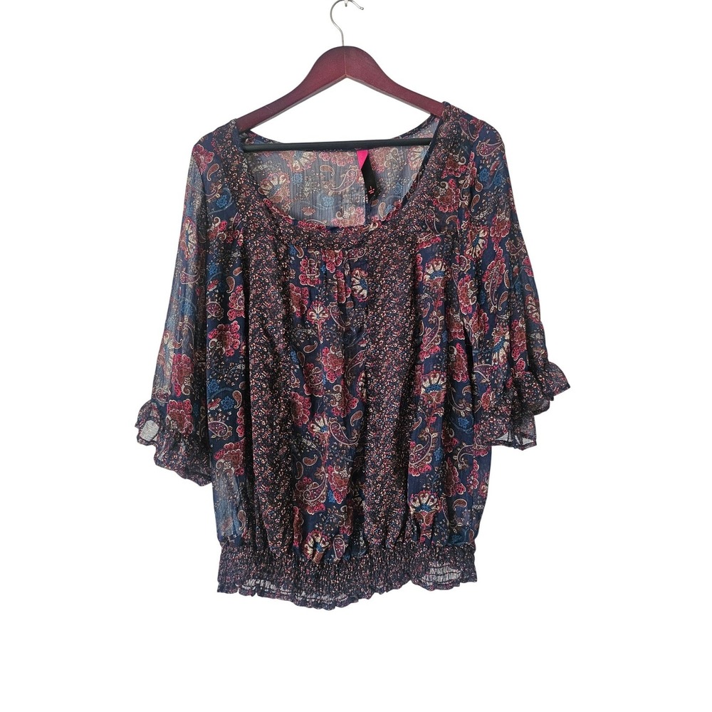 Pure Energy 1X Sheer Paisley Floral Peasant Blouse Boho Whimsy Goth Y2K